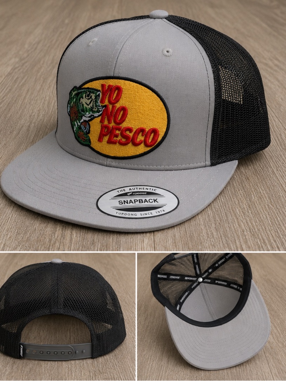 Yo No Pesco Embroidered Trucker Hat - Gray with Yellow Patch